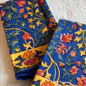 Floral Patterned Napkins with Blue and Yellow Accents - x2 - cotton